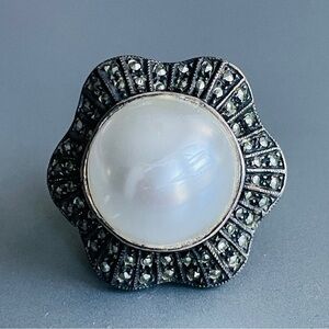 Vintage Judith Jack Sterling Silver Faux Mabe Pearl Marcasites Flower La…
